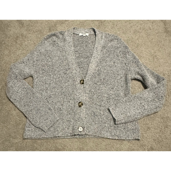 BB Dakota L Speckle Agent Cardigan Sweater Wool Blend Knit 3 Button V- Neck Gray - Picture 4 of 11